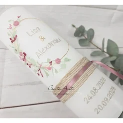 Outlet Hochzeitskerze weiß mit zarten Blümchen in altrosa-bordeaux 250x80 mm Hochzeitskerzen