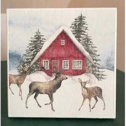 Weihnachtsdeko|Strandgutlädchen Holzbild, Rehe vor rotem Haus, zum Aufhängen oder Aufstellen, Weihnachten