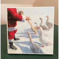 Weihnachtsdeko|Strandgutlädchen Holzbild, Weihnachtsmann füttert Gänse, zum Aufhängen oder Aufstellen, Weihnachten