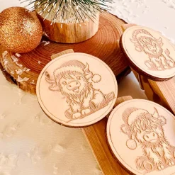 Best Holzklammer mit weihnachtlichen Highland-Cow Motiven, Wäscheklammer Bambus, Geschenkverpackungen, Geschenkanhänger Geschenkverpackungen