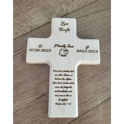 Holzkreuz aus Ahorn Taufkreuz, Kommunion, Konfirmation mit individueller Gravur, personalisierbar, Taufspruch, Schaaf Geschenke