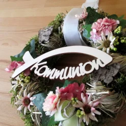 Outlet Holz-Schriftzug "Kommunion" in Fisch Ichtys für Türkranz Dekoration