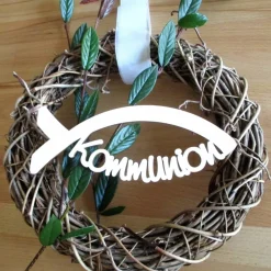 Outlet Holz-Schriftzug "Kommunion" in Fisch Ichtys für Türkranz Dekoration