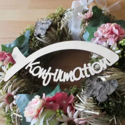 Dekoration|holzmeile Holz-Schriftzug "Konfirmation" in Fisch Ichtys für Türkranz
