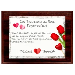 Hochzeitsgeschenke|geschenke364 Holztafel Papierhochzeit mit Namen 1 Jahr