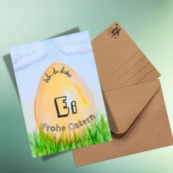 Sale Humorvolle Oster-Postkarte „Ach, du dickes Ei – Frohe Ostern“ auf Kraftpapier Osterkarten
