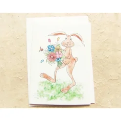 Outlet Karte, Hase mit Blumenstrauß, Klappkarte DinA 6, mit weißem Umschlag. Osterkarten