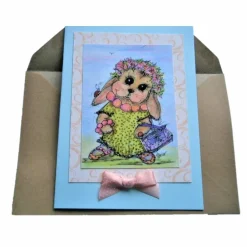 Outlet Karte Hase mit Kette und Blütenkranz Frühling retro romantisch als Druck Ostern Osterkarten