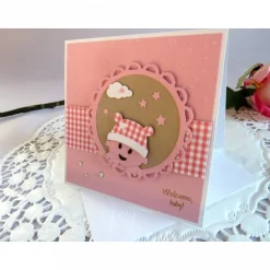 Discount Karte zur Geburt/Taufe, Geburtskarte in rosa/weiß für ein Mädchen, mit schönem Babymotiv. Glückwunschkarten