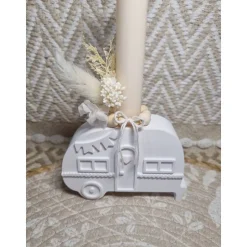 Dekoration|Herzenssache(n) Kerzenhalter Wohnwagen – Boho-Deko mit Trockenblumen aus Raysin, handgefertigt