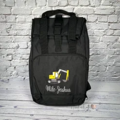 Kinder Rolltop Rucksack mit Bagger & Namen bestickt I personalisierte Kita-Tasche I Kindergartentasche für Jungen Kinder Kinderrucksack