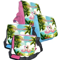 Discount Kindergarten Rucksack oder Tasche Motiv Flamingo mit Name / personalisierbar / Blau / Rosa Kinder Kindergartentaschen