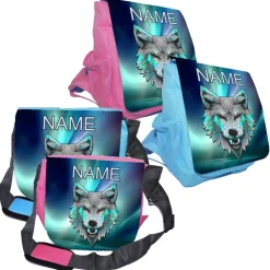 Discount Kindergarten Rucksack oder Tasche Motiv Wolf mit Name / personalisierbar / Blau / Rosa Kinder Kindergartentaschen