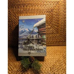 Online Klappdeckelbox mit Serviettenmotiv " Winterlandschaft " mit silberner Aufschrift Geschenke