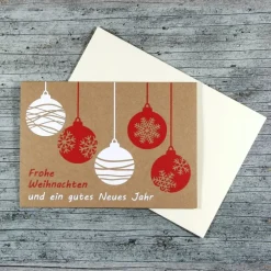 Weihnachtskarten|ZWEIFARBIG Klappkarte **5Kugeln** von Kraftpapier Weihnachtswünsche Frohe Weihnachten Grußkarte Kugeln