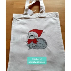 Best Kleine Stofftasche, mit Weihnachtskatze bestickt Geschenkverpackungen