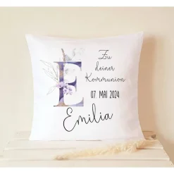 Geschenke|Die Farbkleckserei 123 Kommunion Geschenk Kissen Name personalisiert Blumenkranz