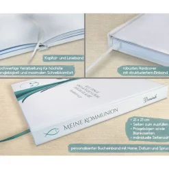 Discount Kommunionbuch mit Fischen und Wellen in Türkis / Meerblau zum Ausfüllen mit Fragen oder Blanko personalisiert Geschenke