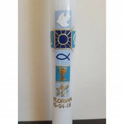 New Kommunionkerze blau , Kreuz , modern , mit Kelch, gold Kommunionkerzen