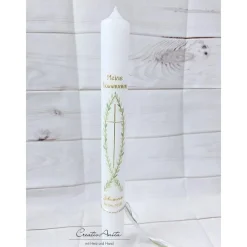 Hot Kommunionkerze Fisch & Kreuz mit Gold-Eukalypthus Kommunionkerzen