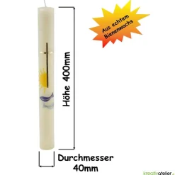 Discount Kommunionkerze Fisch blau, Sonne, Kreuz aus Bienenwachs, handverziert und -geknetet, Kommunionkerze Jungen und Mädchen Kommunionkerzen
