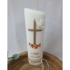 Outlet Kommunionkerze Kreuz - Taupe-Apricot-Gold mit Taube Ellipse schmal - Mädchen - personalisiert Kommunionkerzen