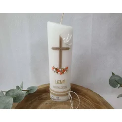 Outlet Kommunionkerze Kreuz - Taupe-Apricot-Gold mit Taube Ellipse schmal - Mädchen - personalisiert Kommunionkerzen
