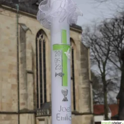 Discount Kommunionkerze Kreuz grün-silber mit Taube, Fisch und Kelch, handverziert, Kommunionkerze Jungen und Mädchen, personalis Kommunionkerzen