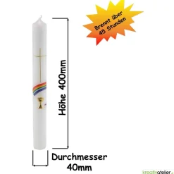 Hot Kommunionkerze Regenbogen, Kreuz und Kelch, gold, handverziert, Kommunionkerze mit Namen und Datum, Kommunionkerze Junge Kommunionkerzen