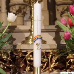 Hot Kommunionkerze Regenbogen, Kreuz und Kelch, gold, handverziert, Kommunionkerze mit Namen und Datum, Kommunionkerze Junge Kommunionkerzen