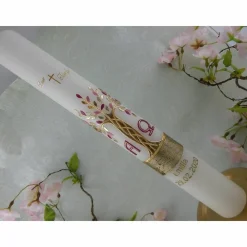 Online Kommunionkerze Taufkerze lang Mädchen Lebensbaum rosa gold Baum des Lebens Kreuz Alfa Omega Name Datum individualisierbar 400/50 mm Kommunionkerzen