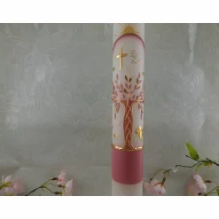 Discount Kommunionkerze Taufkerze lang Mädchen Lebensbaum rosa gold Baum des Lebens Kreuz Regenbogen Name Datum individualisierbar 400/50 mm Kommunionkerzen