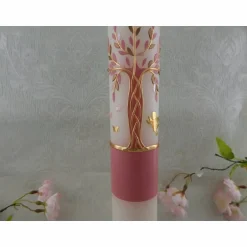 Discount Kommunionkerze Taufkerze lang Mädchen Lebensbaum rosa gold Baum des Lebens Kreuz Regenbogen Name Datum individualisierbar 400/50 mm Kommunionkerzen