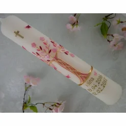 Kommunionkerzen|Lenz Kerzen Kommunionkerze Taufkerze lang Mädchen Lebensbaum rosa gold Baum des Lebens Kreuz Schmetterlinge Name Datum individualisierbar 300/50 mm