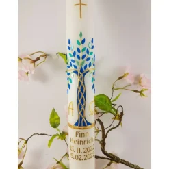 Kommunionkerzen|Lenz Kerzen Kommunionkerze Taufkerze lang Mädchen Jungen Lebensbaum blau mint gold Baum des Lebens Kreuz Regenbogen Name Datum