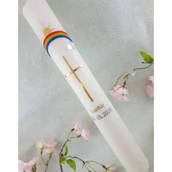 Discount Kommunionkerze Taufkerze lang Jungen Mädchen Kreuz Regenbogen Sonne bunt 400/40 mm Name Datum individualisierbar Kommunionkerzen