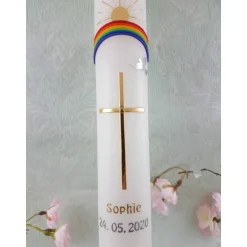 Discount Kommunionkerze Taufkerze lang Jungen Mädchen Kreuz Regenbogen Sonne bunt 400/40 mm Name Datum individualisierbar Kommunionkerzen