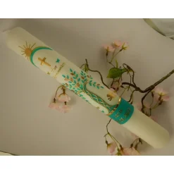 Sale Kommunionkerze Taufkerze lang Mädchen Lebensbaum grün gold Baum des Lebens Kreuz Regenbogen Name Datum individualisierba Kommunionkerzen