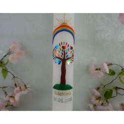 Discount Kommunionkerze Taufkerze lang Mädchen Lebensbaum rosa gold Baum des Lebens Kreuz Regenbogen Name Datum individualisierbar 400/50 mm Kommunionkerzen
