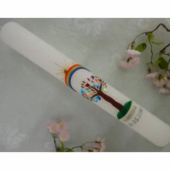 Discount Kommunionkerze Taufkerze lang Mädchen Lebensbaum rosa gold Baum des Lebens Kreuz Regenbogen Name Datum individualisierbar 400/50 mm Kommunionkerzen