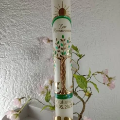 Best Kommunionkerze Taufkerze lang Lebensbaum Baum Jungen Name Datum individualisierbar 400/40 mm Kommunionkerzen