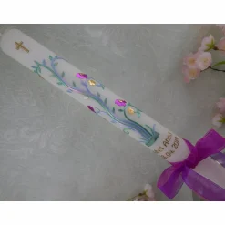 Discount Kommunionkerze Taufkerze lang Mädchen Ranke blau rosa gold Vogelchen Kreuz  Schleife Name Datum individualisierbar 400/40 mm Kommunionkerzen