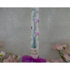 Discount Kommunionkerze Taufkerze lang Mädchen Ranke blau rosa gold Vogelchen Kreuz  Schleife Name Datum individualisierbar 400/40 mm Kommunionkerzen