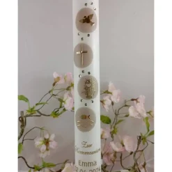 Hot Kommunionkerze Taufkerze lang christliche Symbole Mädchen Jungen Name Datum individualisierbar 400/40 mm Kommunionkerzen
