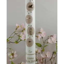 Hot Kommunionkerze Taufkerze lang christliche Symbole Mädchen Jungen Name Datum individualisierbar 400/40 mm Kommunionkerzen