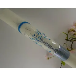 Kommunionkerze Taufkerze lang Jungen Lebensbaum silber blau Baum des Lebens Kreuz Regenbogen Name Datum Kommunionkerzen
