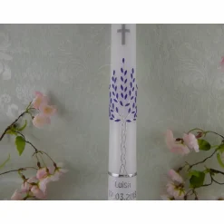 Sale Kommunionkerze Taufkerze lang Mädchen Jungen Lebensbaum flieder silber Baum des Lebens Kreuz  Name Datum individualisierbar 400/40 mm Kommunionkerzen