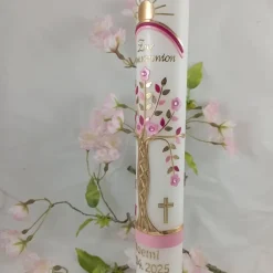 Discount Kommunionkerze Taufkerze lang Mädchen Lebensbaum rosagold Baum des Lebens Kreuz Regenbogen Name Datum Design KKR2040 Kommunionkerzen