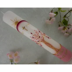 New Kommunionkerze Taufkerze lang Mädchen Lebensbaum rosa gold Baum des Lebens Kreuz Regenbogen Name Datum individualisierbar Kommunionkerzen