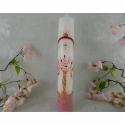 New Kommunionkerze Taufkerze lang Mädchen Lebensbaum rosa gold Baum des Lebens Kreuz Regenbogen Name Datum individualisierbar Kommunionkerzen